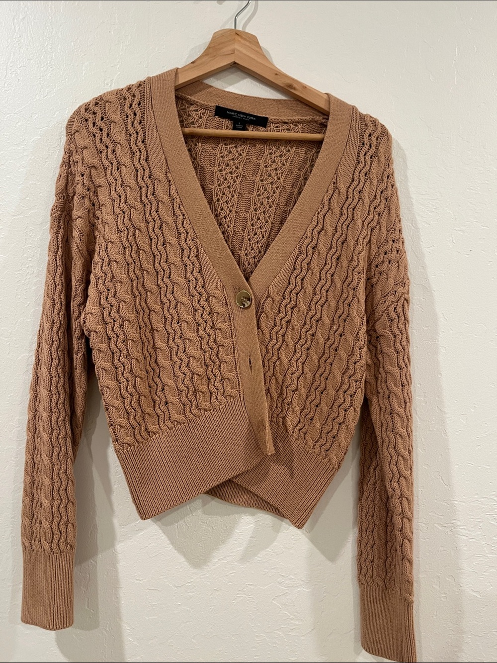 Marc New York Cable Knit V-Neck Cardigan in Camel